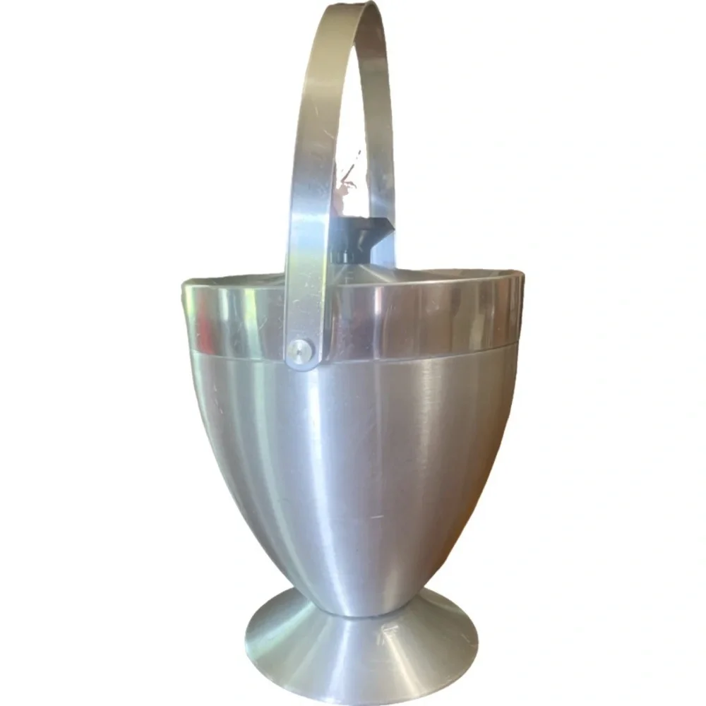 Vintage Mid Century Modern Brushed Stainless Steel Ice Bucket & Strainer